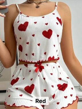 "NIGHTIE" White Ribbed Heart Print Tank & Shorts Set - Red Hearts NWOT